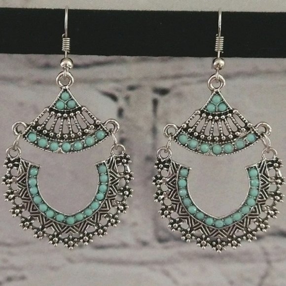 Silver Turquoise Bohemian Dangle Earrings - Picture 4 of 4